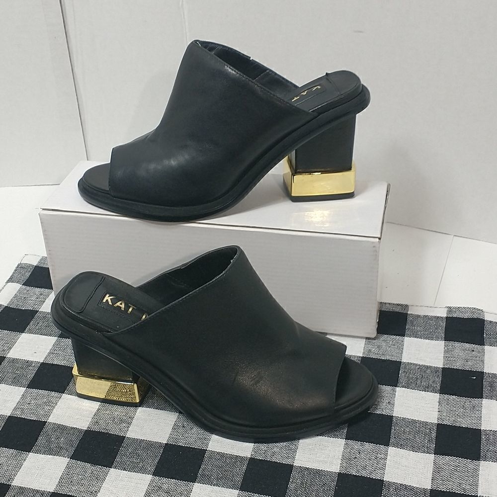 Kat Maconie Womens Sandal Block Heels Shoes Black Leather Slip On Peep Toe 8 - Picture 3 of 10